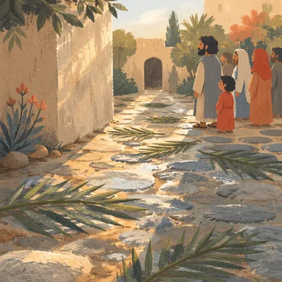 Palm Branches on Rainy Stone Path