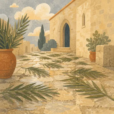 Palm Branches on Rain Washed Chapel Path