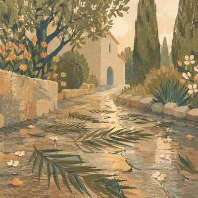 Palm Branches on Rainy Chapel Path