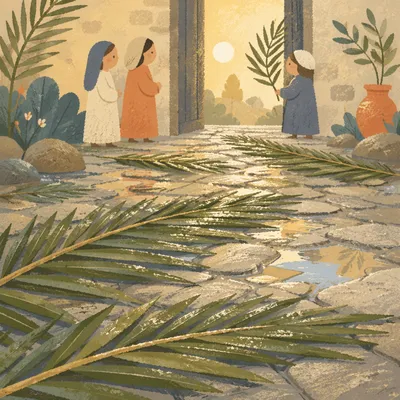 Palm Branches on Rainy Stone Path