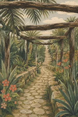 Palm Branches Over Rustic Stone Path