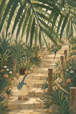 Palm Branches Over Rustic Stone Stairway