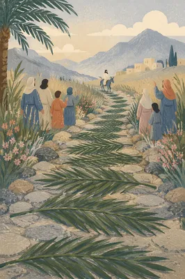 Palm Branches on Misty Stone Path
