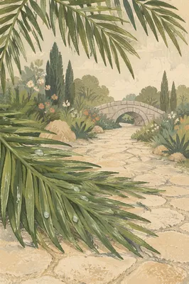 Palm Branches on Weathered Stone Path