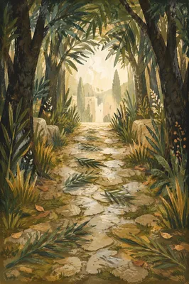 Palm Branches on Misty Stone Path