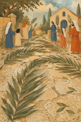 Palm Sunday Branches on Chapel Stone Path