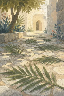 Palm Branches on a Stone Chapel Path