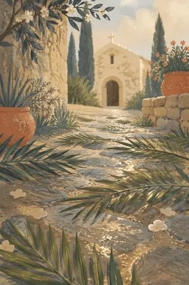 Palm Branches on Rain-Kissed Chapel Path
