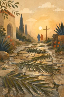 Palm Branches on Rainy Chapel Stone Path