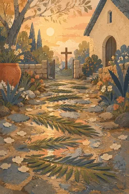Palm Branches on Rain-Damp Chapel Path