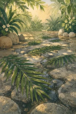 Palm Branches on Rain-Kissed Stone Path