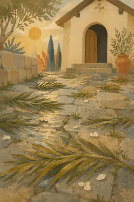 Palm Branches on Rainy Chapel Path