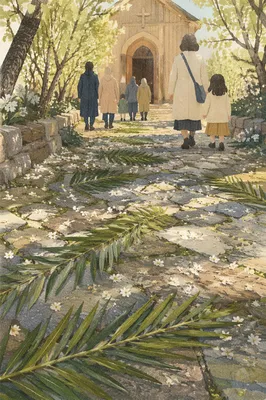 Palm Branches on Stone Path to Chapel