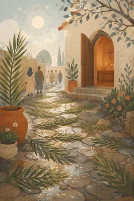 Palm Branches on Rainy Chapel Path