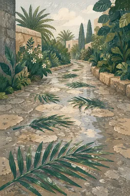 Palm Branches on Rainy Stone Path