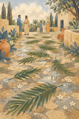 Palm Branches on Rainy Stone Path