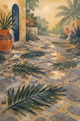 Palm Branches on Rain-Kissed Stone Path