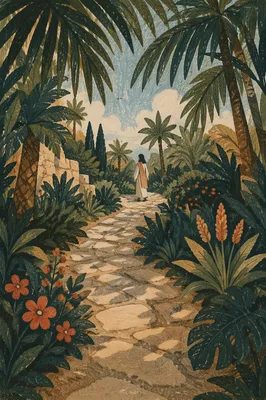 Palm Branches Along Stone Garden Path