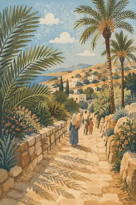 Sunlit Palm Branches Along Stone Path