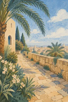 Palm Branches Over Sunlit Stone Path