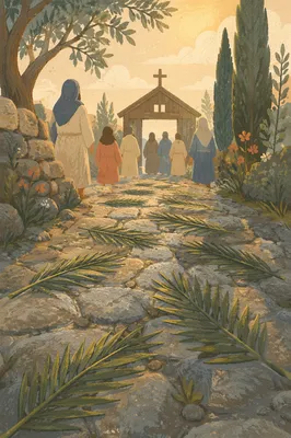 Palm Branches on a Dewy Chapel Path