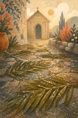 Palm Branches on Rainy Chapel Path