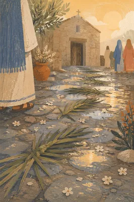 Palm Branches on Rainlit Chapel Path