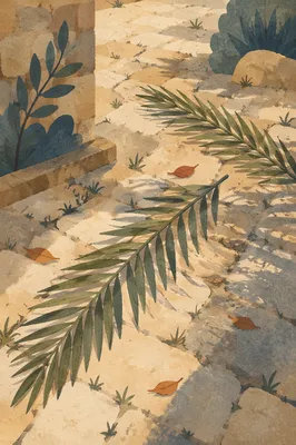 Palm Branches on Weathered Stone Path