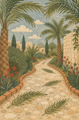 Palm Sunday Branches on Stone Garden Path