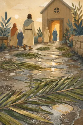 Palm Branches on Rainy Chapel Path