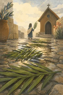 Palm Branches on Rain-Damp Stone Chapel Path