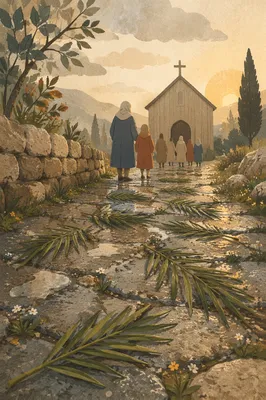 Palm Branches on Rainy Chapel Path