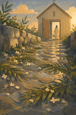 Palm Branches on Rainy Chapel Path