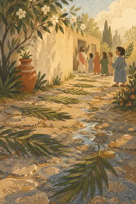 Palm Branches on Rain-Kissed Stone Path