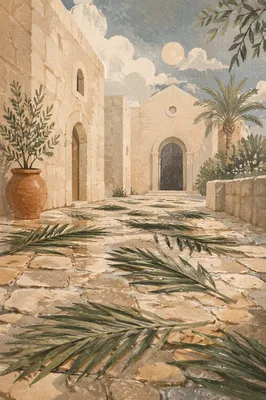 Palm Branches on Rainy Chapel Path