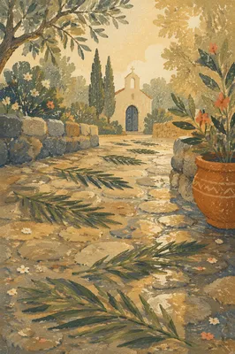 Palm Branches on Rain-Damp Chapel Path
