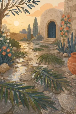 Palm Branches on Rainy Stone Chapel Path