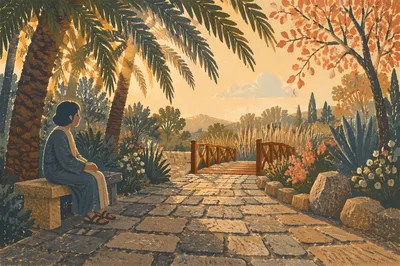 Palm Branches Over Autumn Stone Path