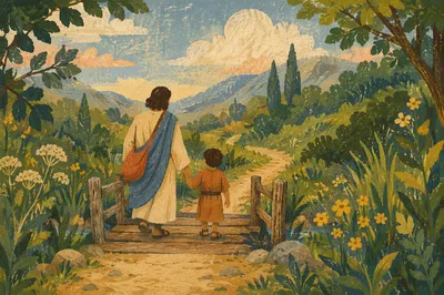 Palm Branches on Winding Stone Path