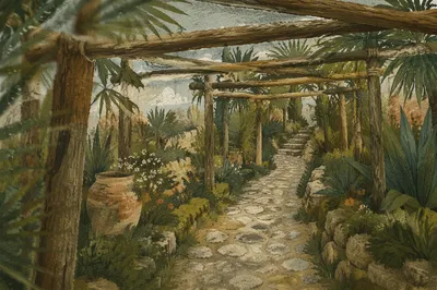 Palm Branches Along a Spring Stone Path