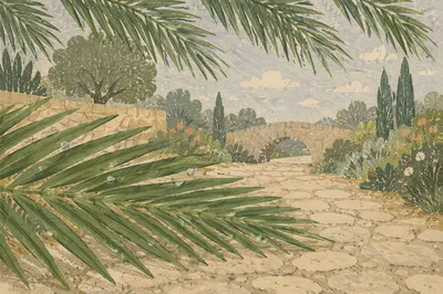 Palm Branches on a Weathered Stone Path