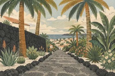 Palm Branches Over Peaceful Stone Path
