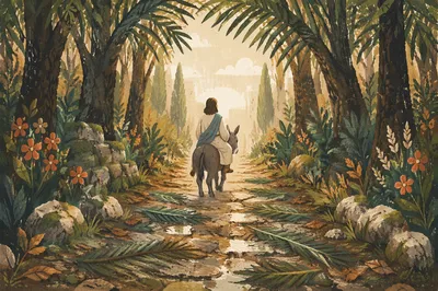 Palm Branches on Misty Stone Path
