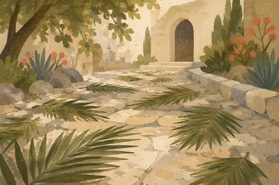 Palm Branches on Weathered Chapel Path