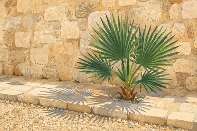 Palm Branches Along Sunlit Stone Path