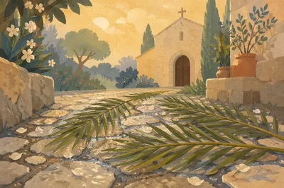 Palm Branches on Rain-Kissed Chapel Path