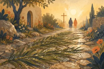 Palm Branches on Rainy Chapel Stone Path