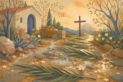 Palm Branches on Rainy Chapel Path