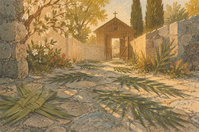 Palm Sunday Branches on Chapel Stone Path