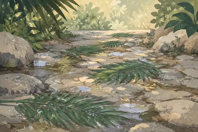 Rain-Kissed Palm Branches on Stone Path